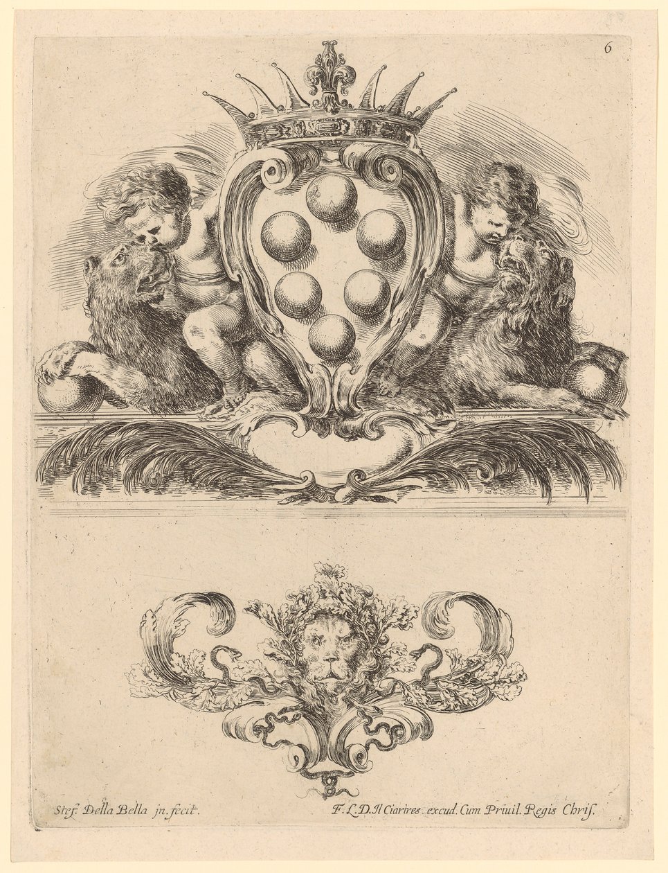 Cartouche with Two Children on Lions, Below a Lion