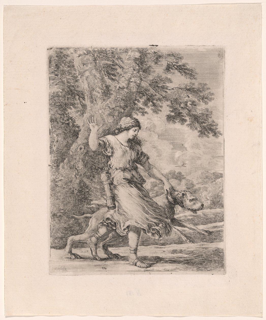 Nymph Holding a Large Dog by the Collar, known as The Beautiful Huntress by Stefano della Bella