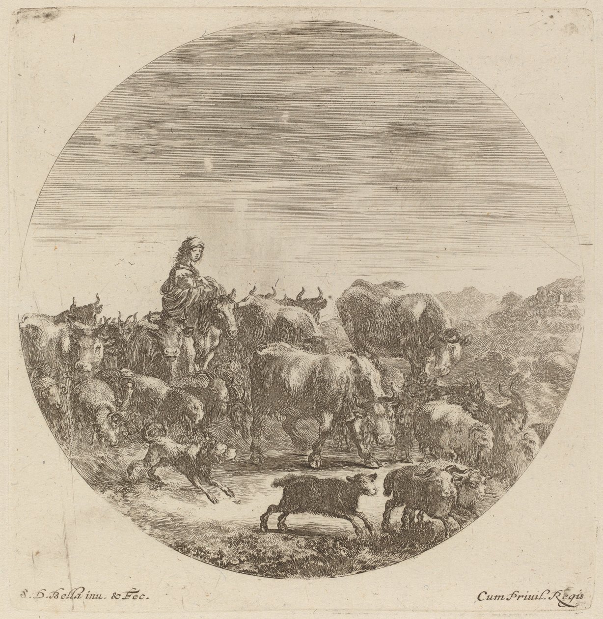 Peasant Seated on a Horse with Cows, Sheep, and Goats by Stefano della Bella