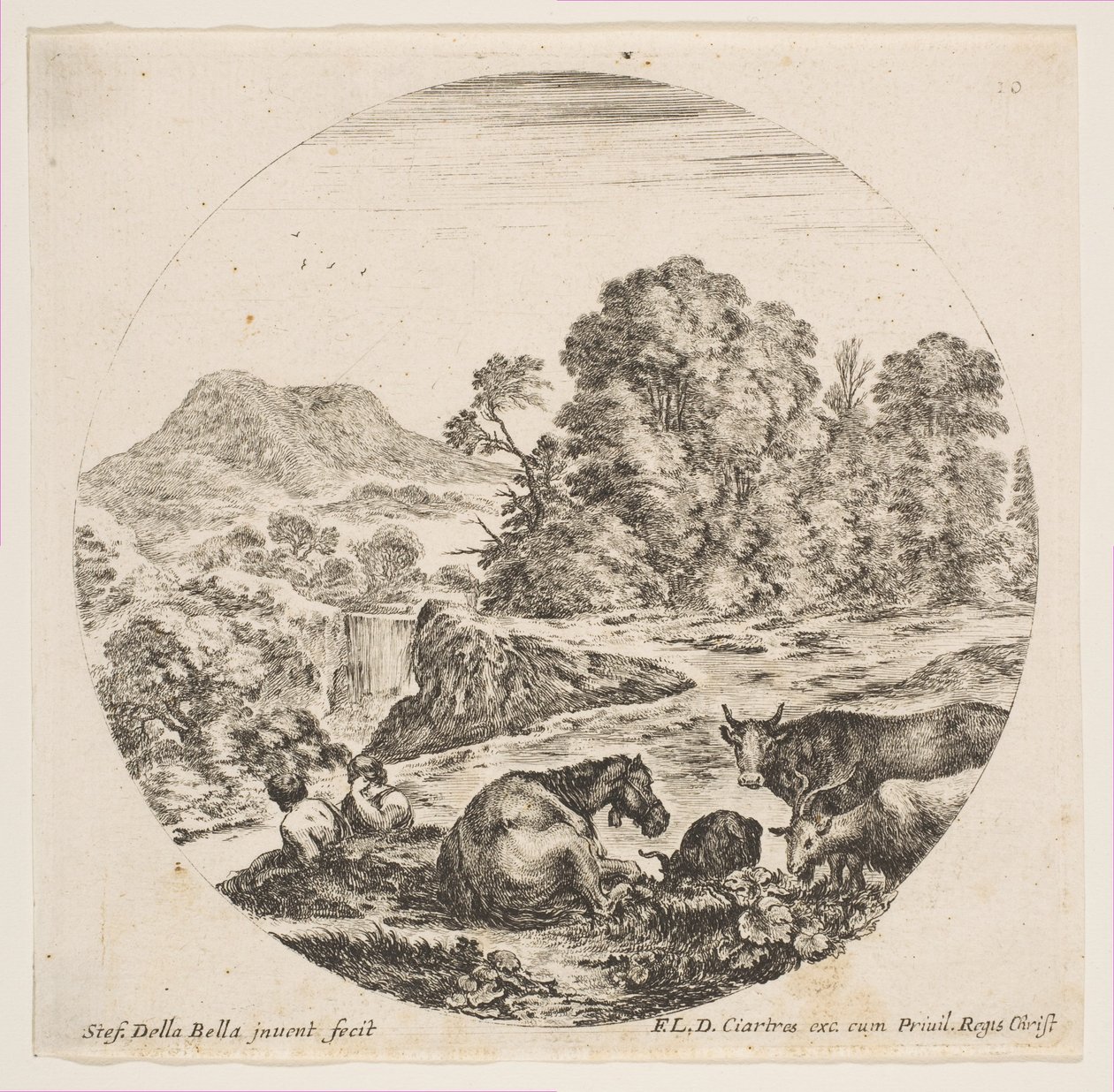 Plate 10: A Horse Lying Down at Center, a Cow and Two Goats at Right, Two Seated Shepherds by Stefano della Bella