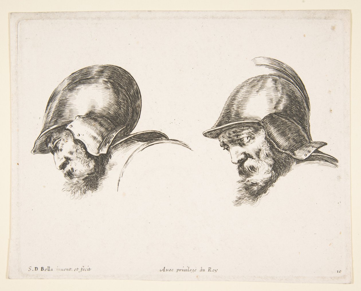 Plate 10: Two Heads of Old Soldiers Wearing Helmets, Both Facing Left and Looking Down by Stefano della Bella