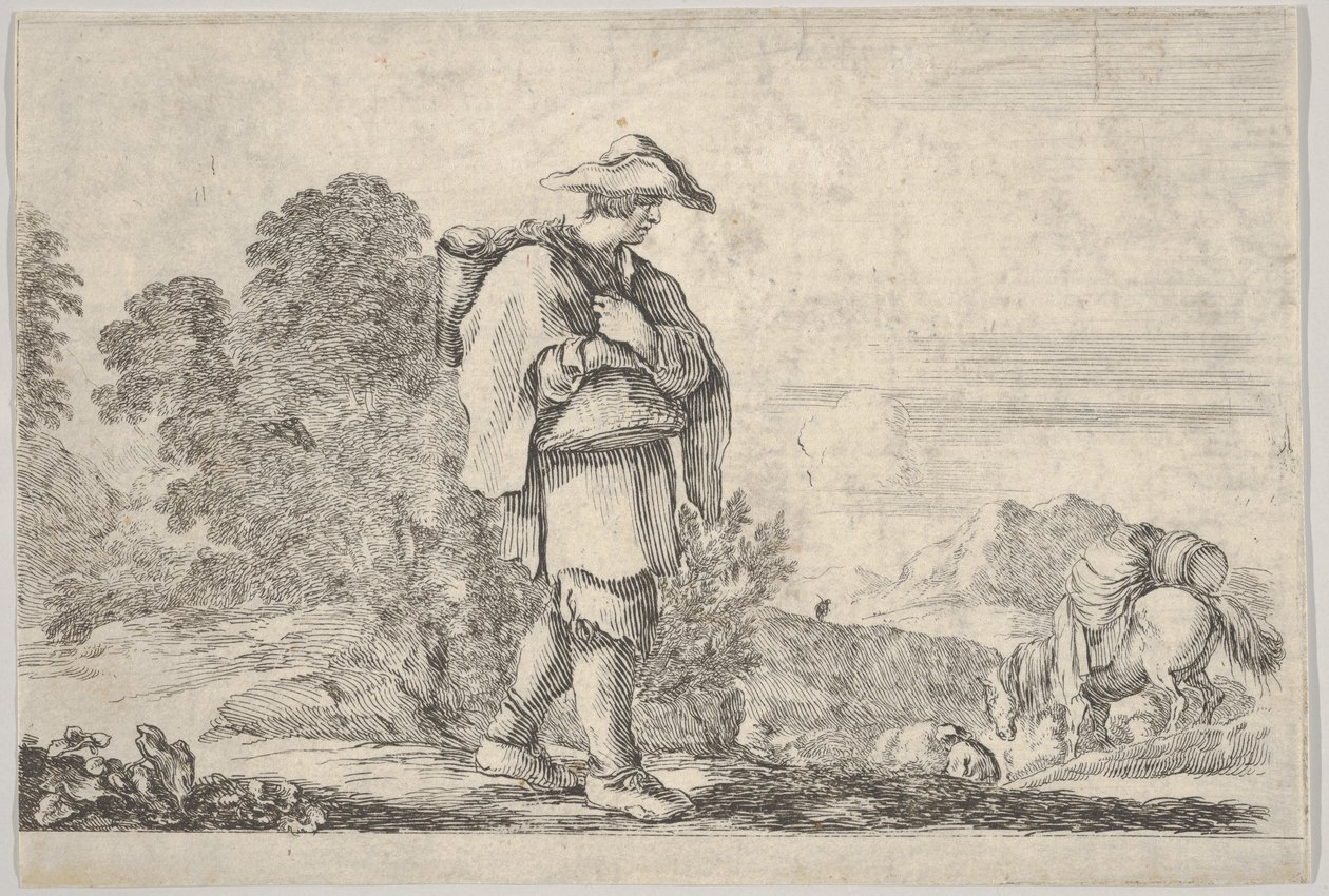 Plate 11: A Peasant Wearing a Hat at Center, Walking Towards the Right, a Horse Descending by Stefano della Bella
