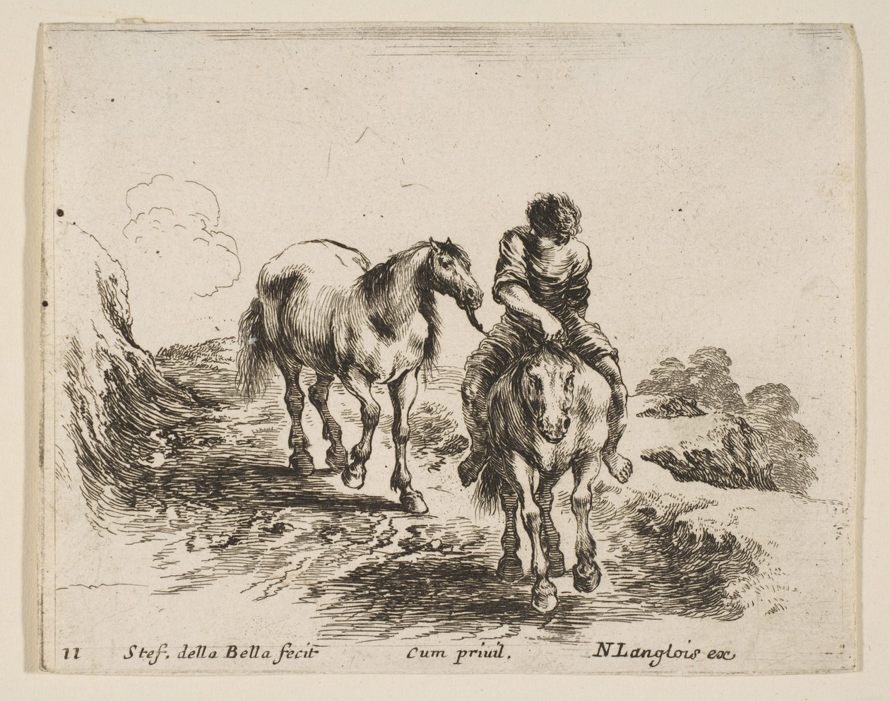 Plate 11: a young horseman, seen from the front, leading another horse, from Diversi Animali by Stefano della Bella