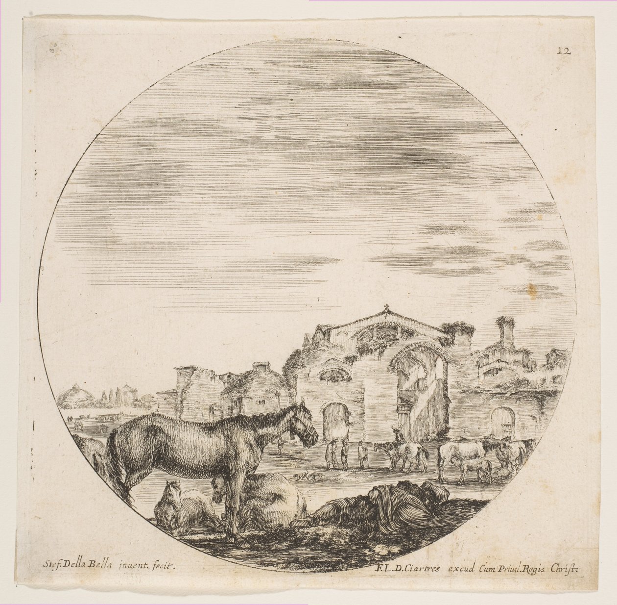 Plate 12: A Shepherd Sleeping on the Ground at Right, Three Horses at Left by Stefano della Bella