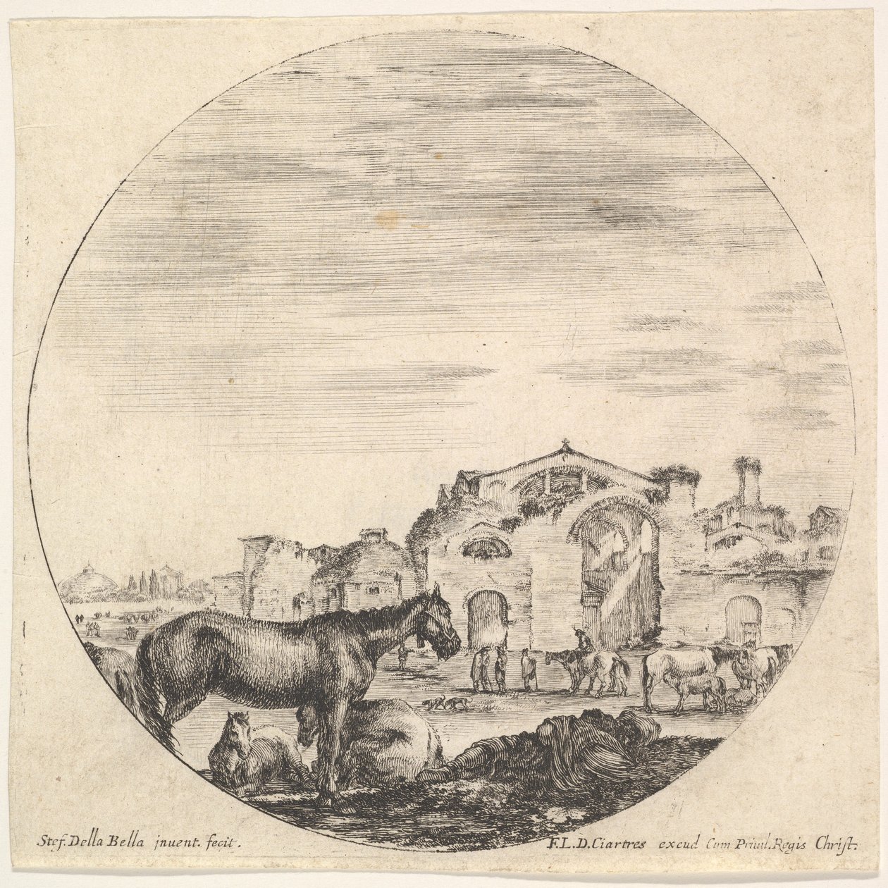 A Shepherd Sleeping on the Ground to Right, Three Horses to Left by Stefano della Bella