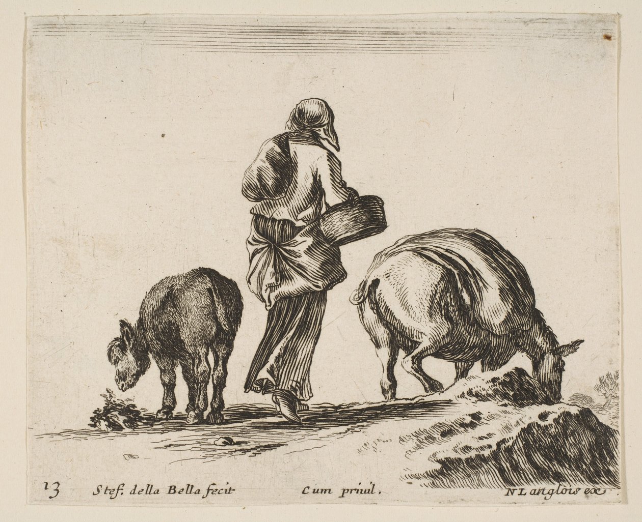 A Peasant Woman Holding a Basket, with a Donkey by Stefano della Bella
