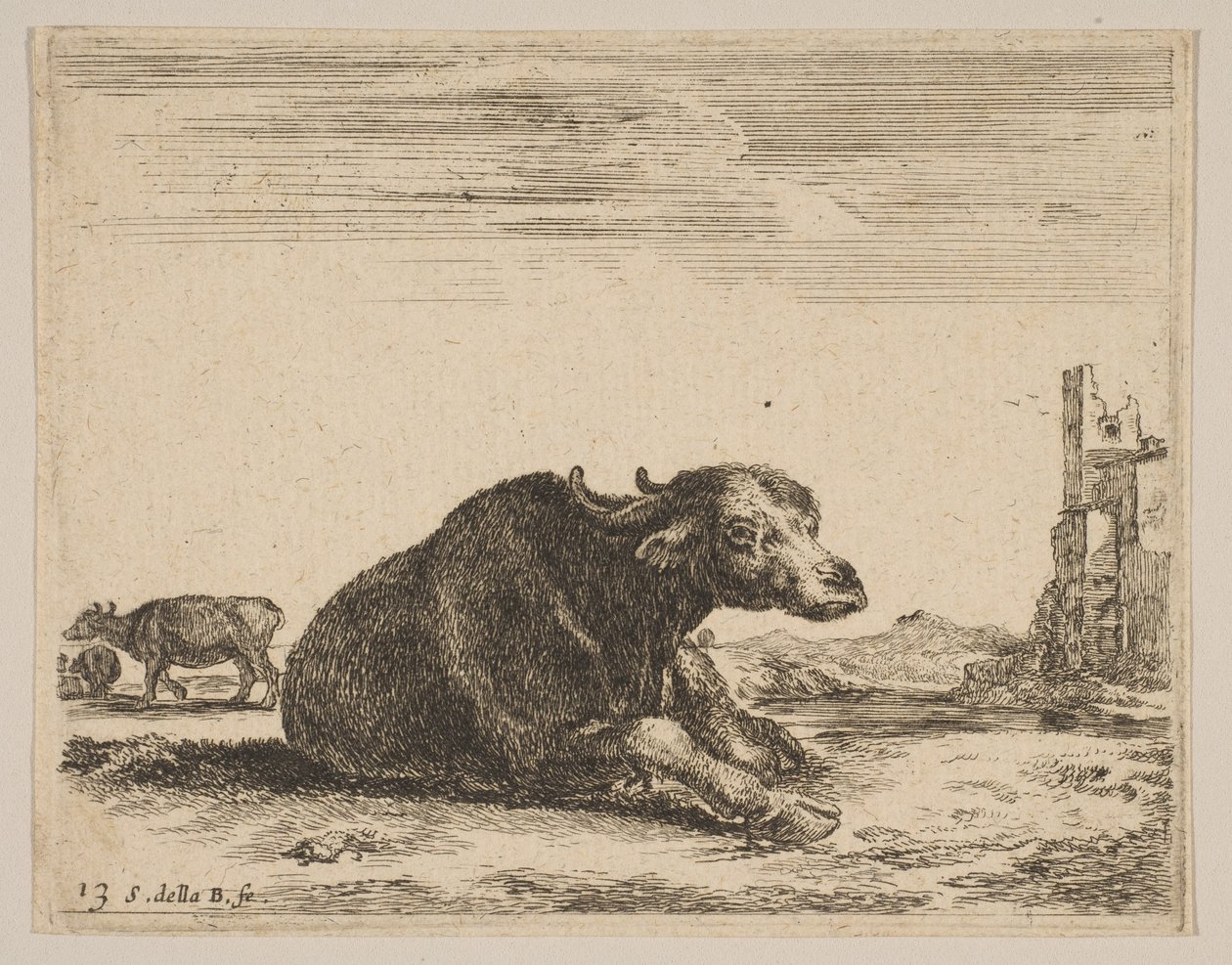 Plate 13: buffalo lying down, from Various animals Diversi animali by Stefano della Bella