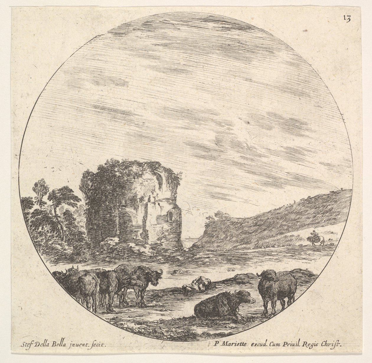 Plate 13: Ruins of an Ancient Temple in the Background, a Herd of Cows in the Foreground by Stefano della Bella