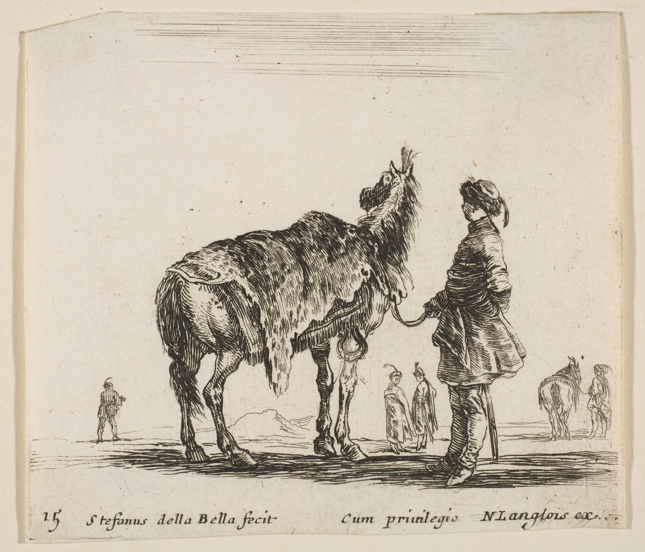 Plate 15: a Polish nobleman, facing away, holding his horse covered in leopard skin by Stefano della Bella