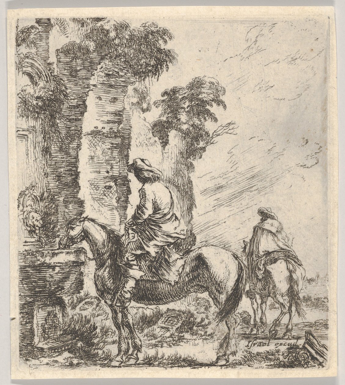 Plate 19: A Rider Making His Horse Drink from a Basin of a Fountain at Left, Another Horseman by Stefano della Bella