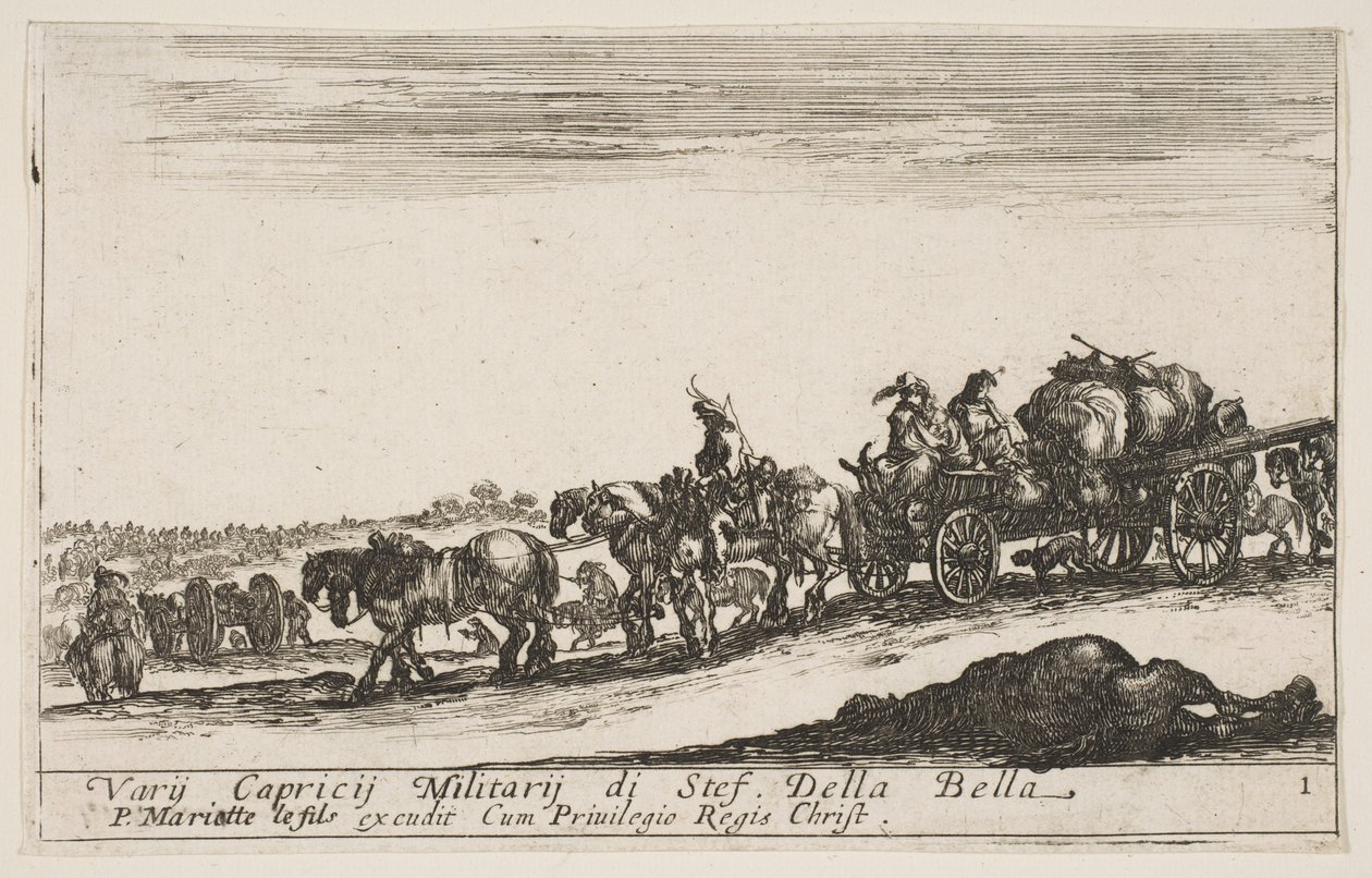 Plate 1: A horse drawn cart carrying people and goods, dead horse in the foreground by Stefano della Bella