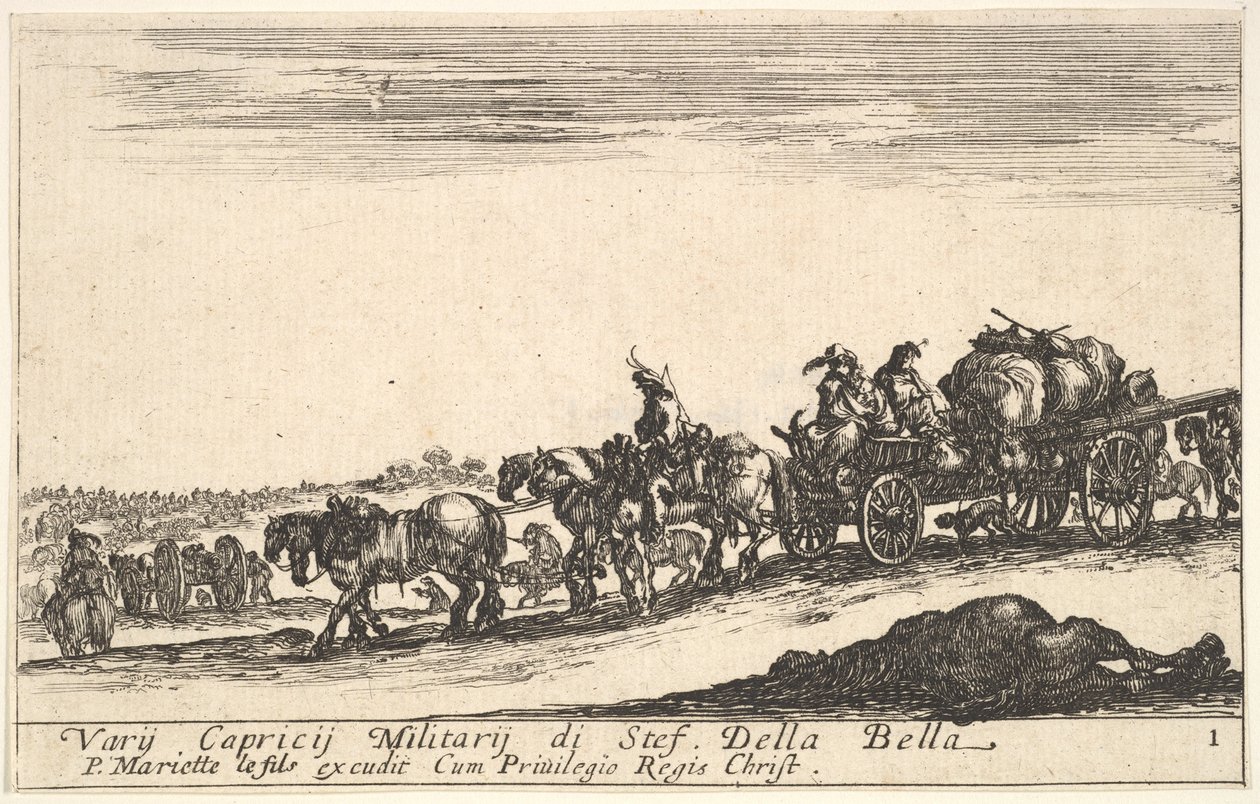 A horse drawn cart carrying people and goods, dead horse in the foreground, ca. 1641 by Stefano della Bella