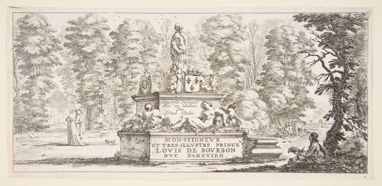 Plate 1: a monument with statues and a coat of arms in the center, a draughtsman on the left by Stefano della Bella