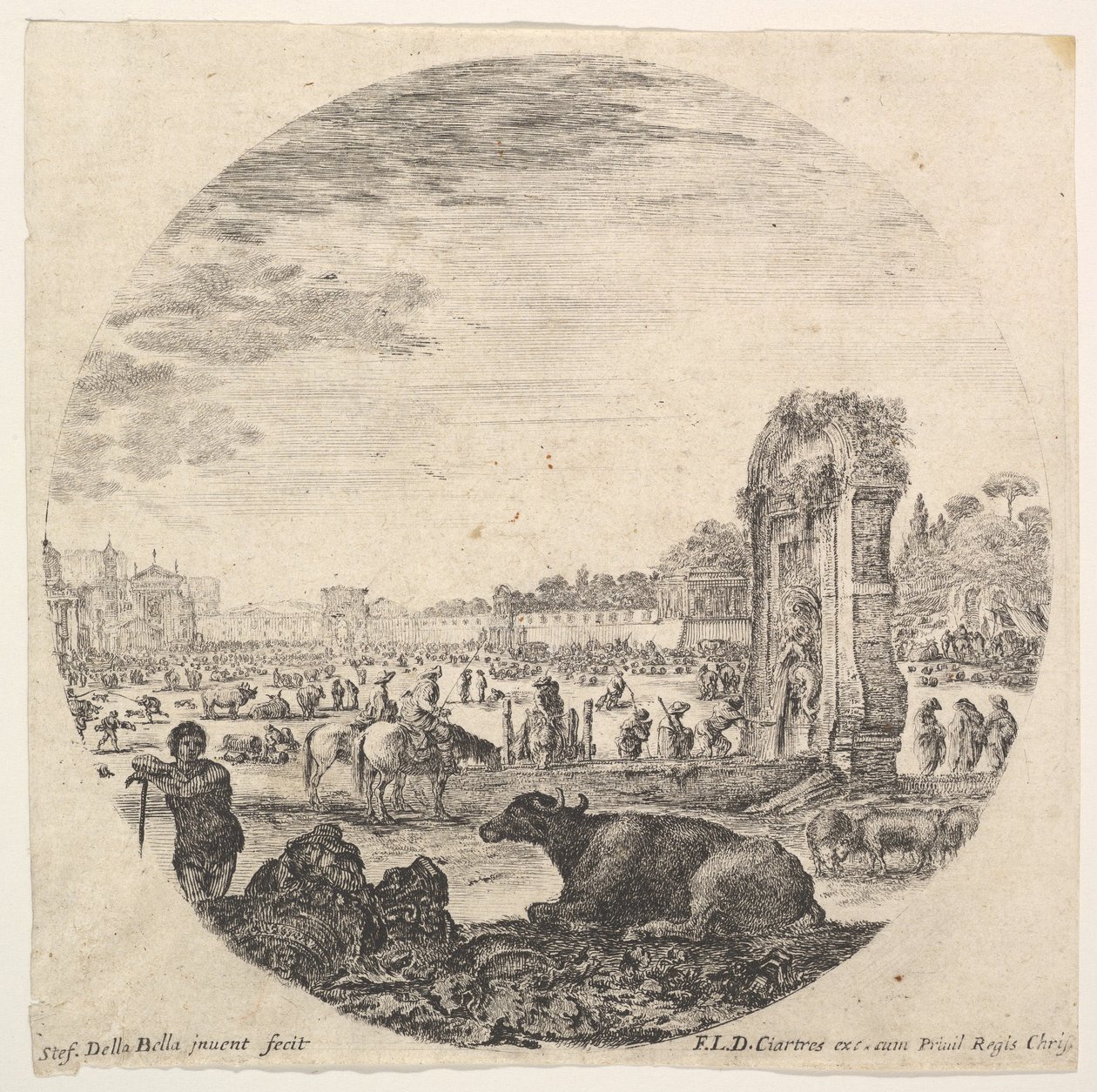 Campo Vaccino, a buffalo and two shepherds in center, the Fontanone to right by Stefano della Bella