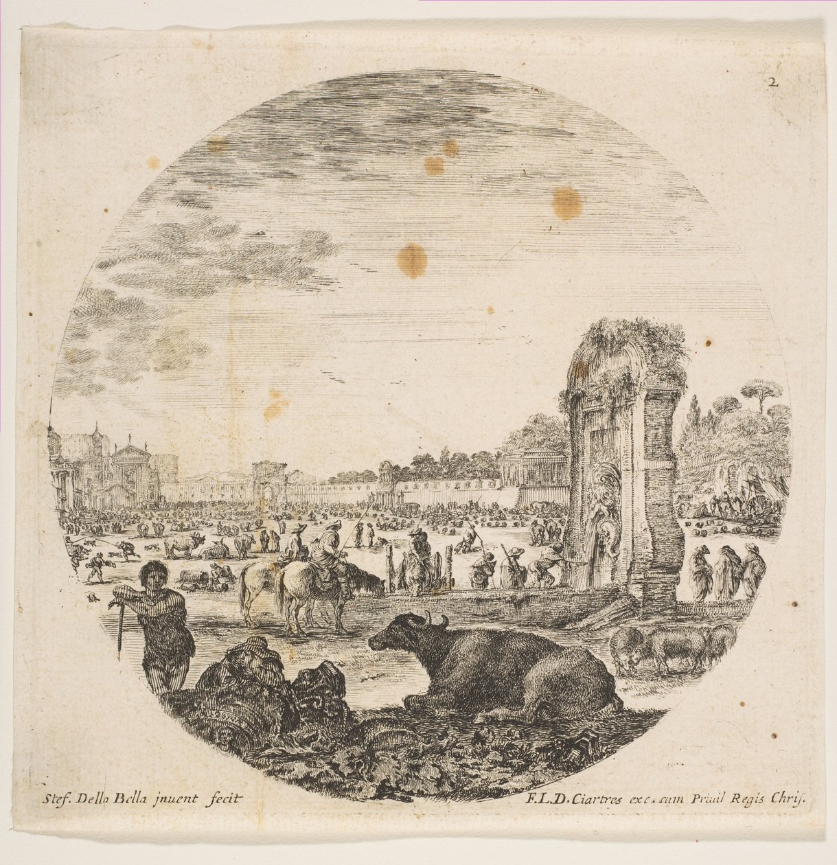 Plate 2: Campo Vaccino, a buffalo and two shepherds in center, the Fontanone to right by Stefano della Bella