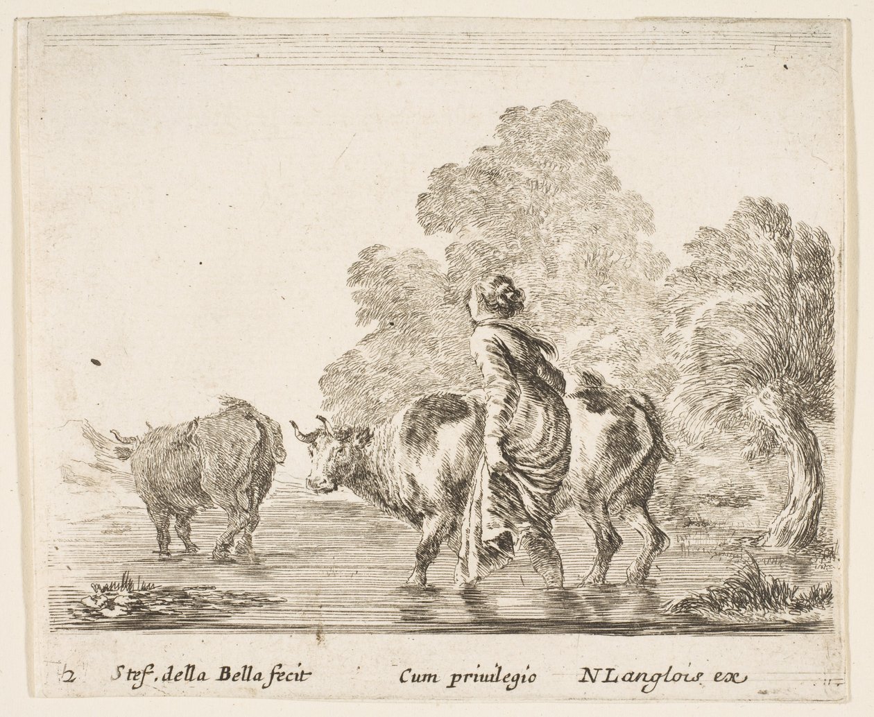 Plate 2: A Peasant Woman Herds Two Cows Across a Stream, Walking Towards the Left, ca. 1644-47 by Stefano della Bella