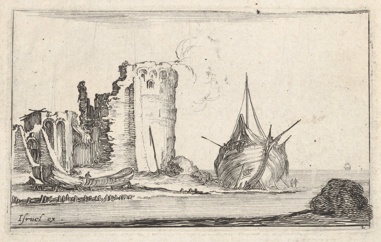 A Ship and a Rowboat Washed Up on Shore, a Tower in Ruins (detail) by Stefano della Bella