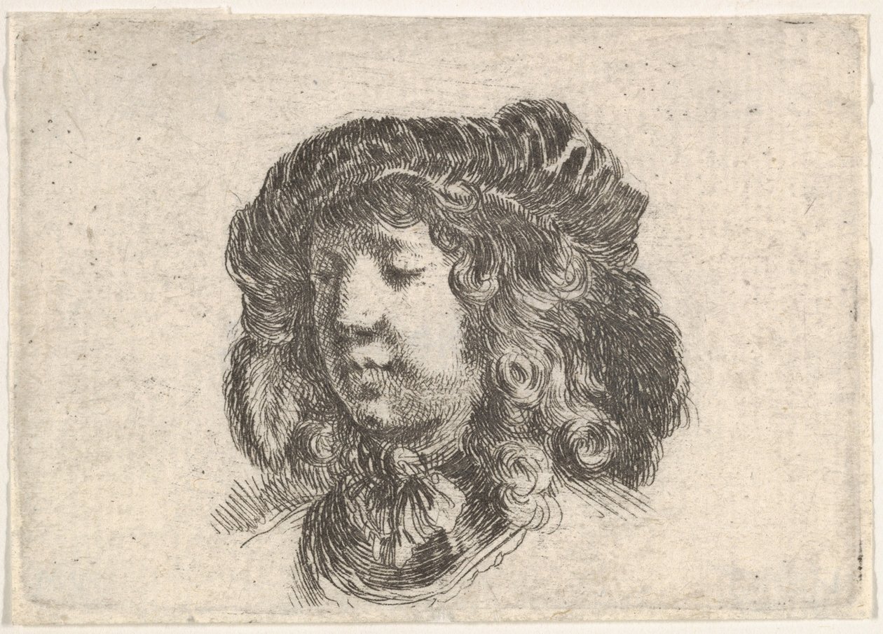 Plate 34: head of a young man in a cap adorned with a few feathers, turned three-quarters, ca. 1646 by Stefano della Bella