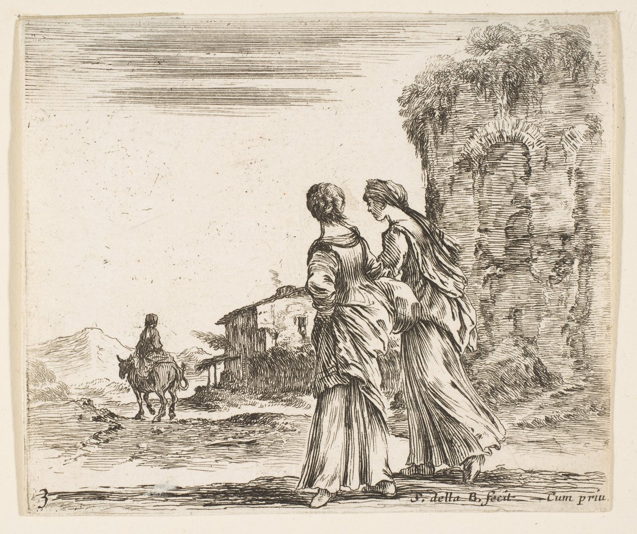 Two Girls Walking Towards the Left, Seen from Behind, a Woman on a Horse by Stefano della Bella