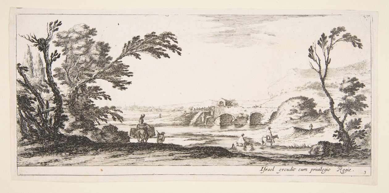 Plate 3: two horsemen crossing a river to right, a woman with two baskets atop a donkey, ca. 1641 by Stefano della Bella