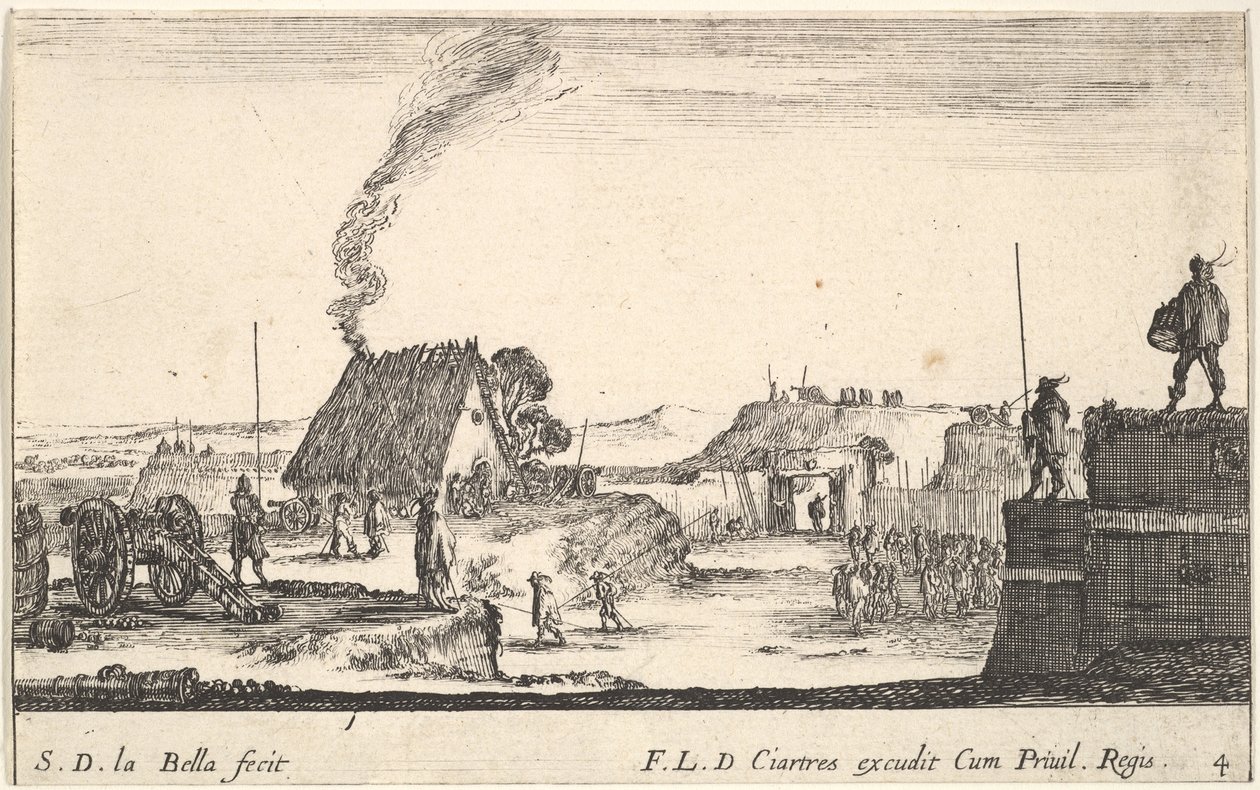 Plate 4: A military encampment with a soldier standing on a parapet to the right by Stefano della Bella