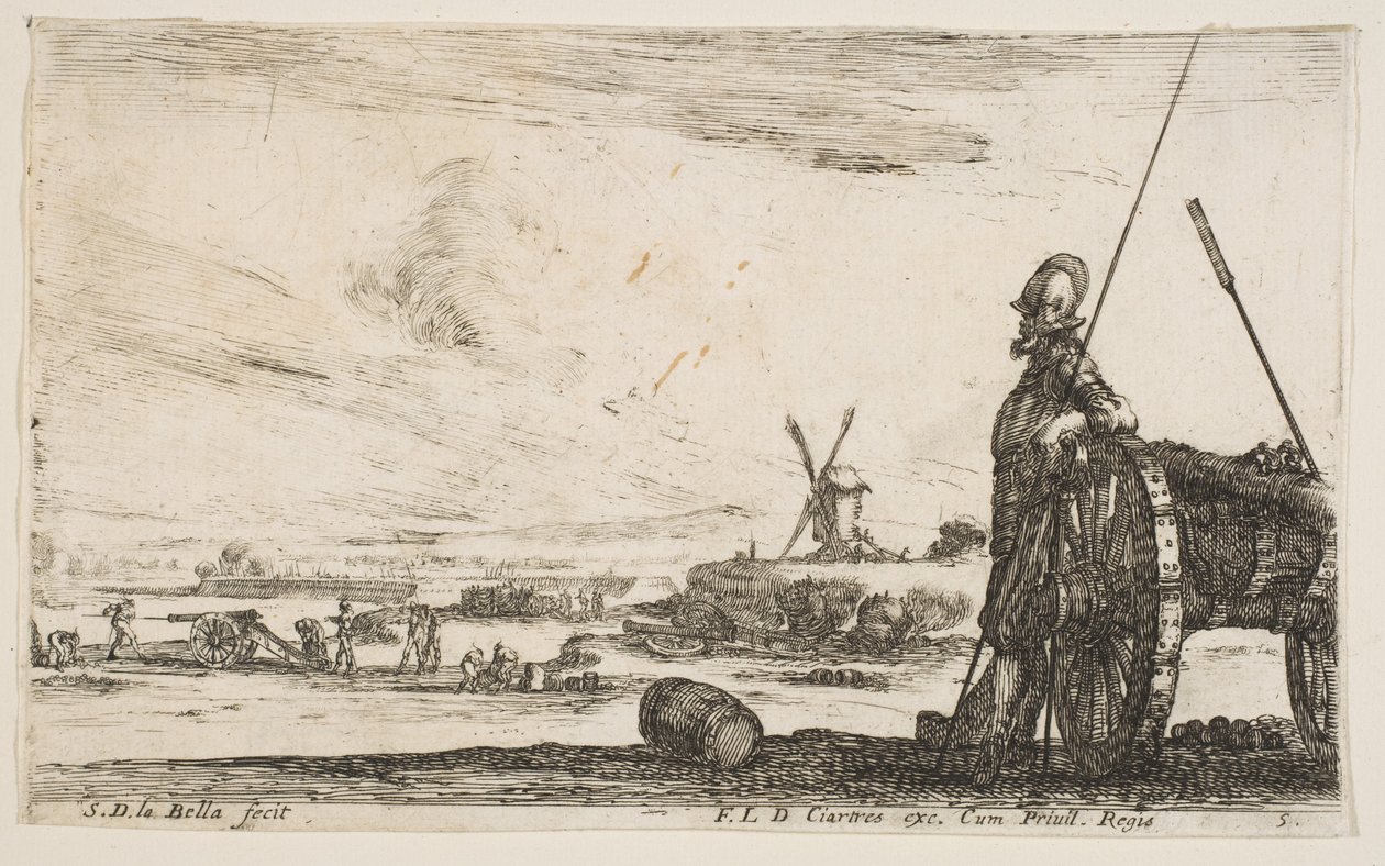 Plate 5: A Pikeman standing at right next to a cannon, other military figures, ca. 1641 by Stefano della Bella