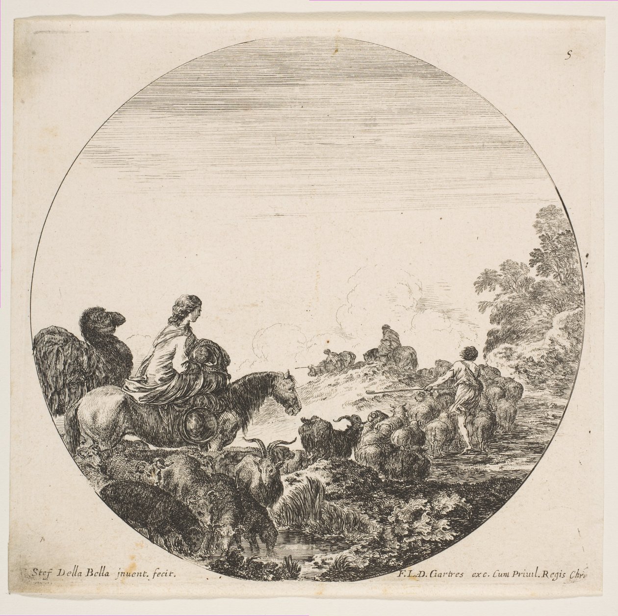 Plate 5: A Woman Carrying a Child on a Horse at Left, a Camel Following Her, a Herd of... by Stefano della Bella