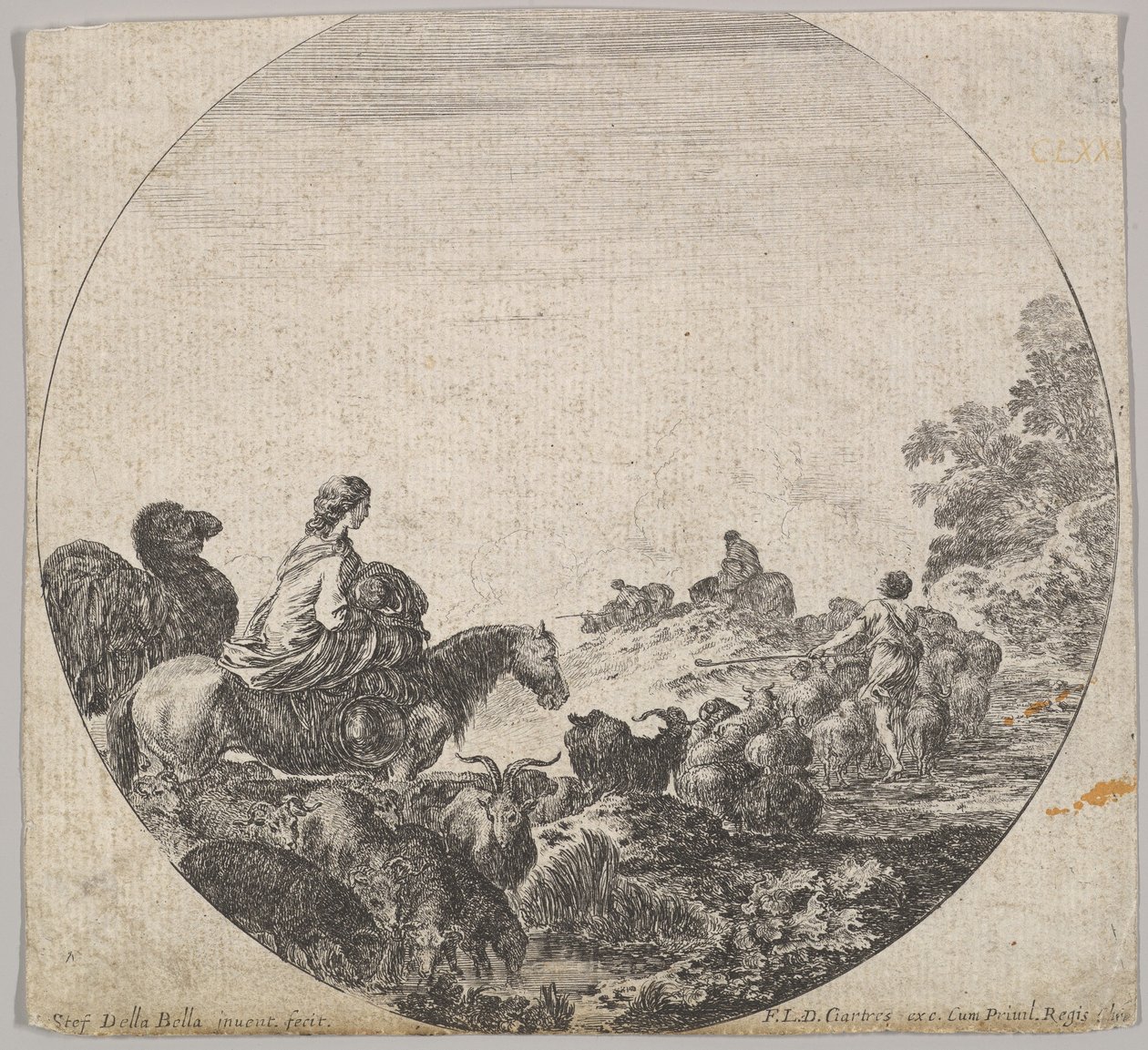 Plate 5: a woman carrying a child on a horse to left, a camel following her, a herd... by Stefano della Bella