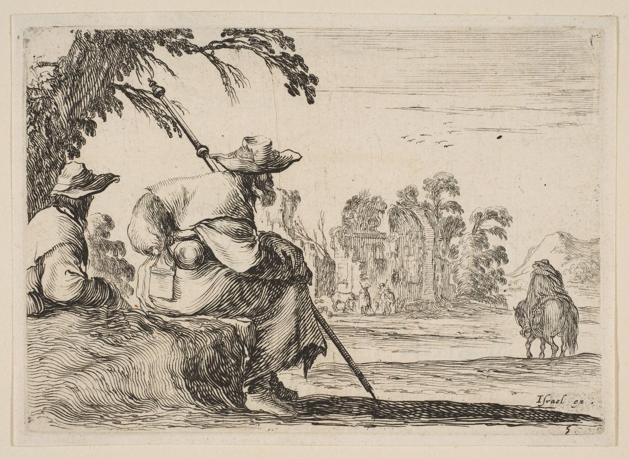 Two Pilgrims with Hats Rest to the Left, Seen from Behind, a Horseman Rides Toward by Stefano della Bella