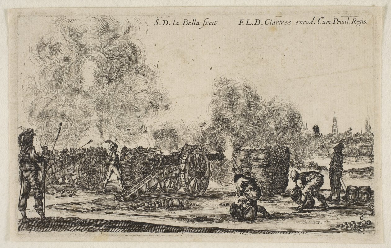 Plate 6: battery of cannons firing on a city, from Various Military Caprices Varii by Stefano della Bella