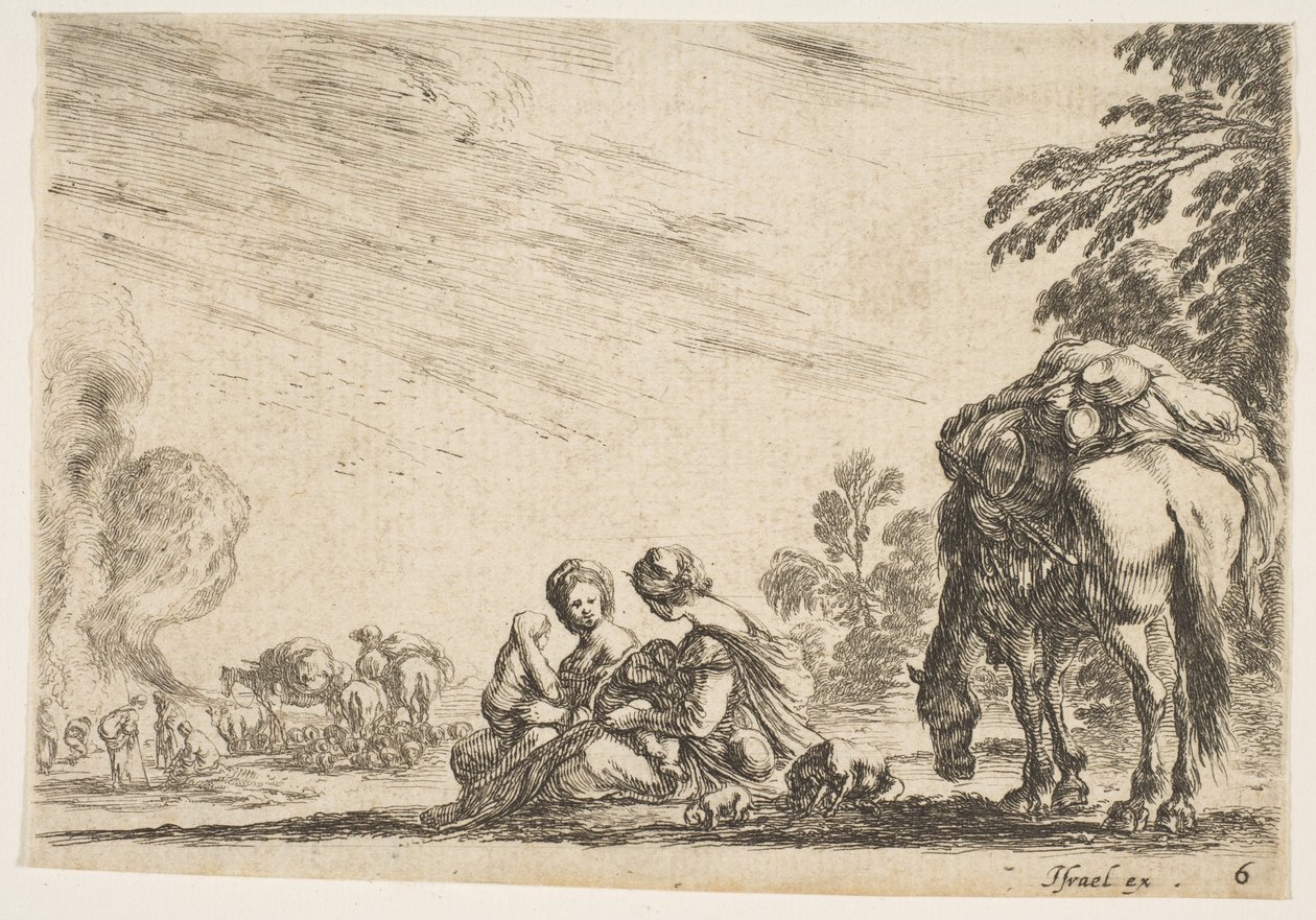 Plate 6: Two Women, One Nursing a Child, Seated Next to a Dog and a Horse Carrying a Pack by Stefano della Bella