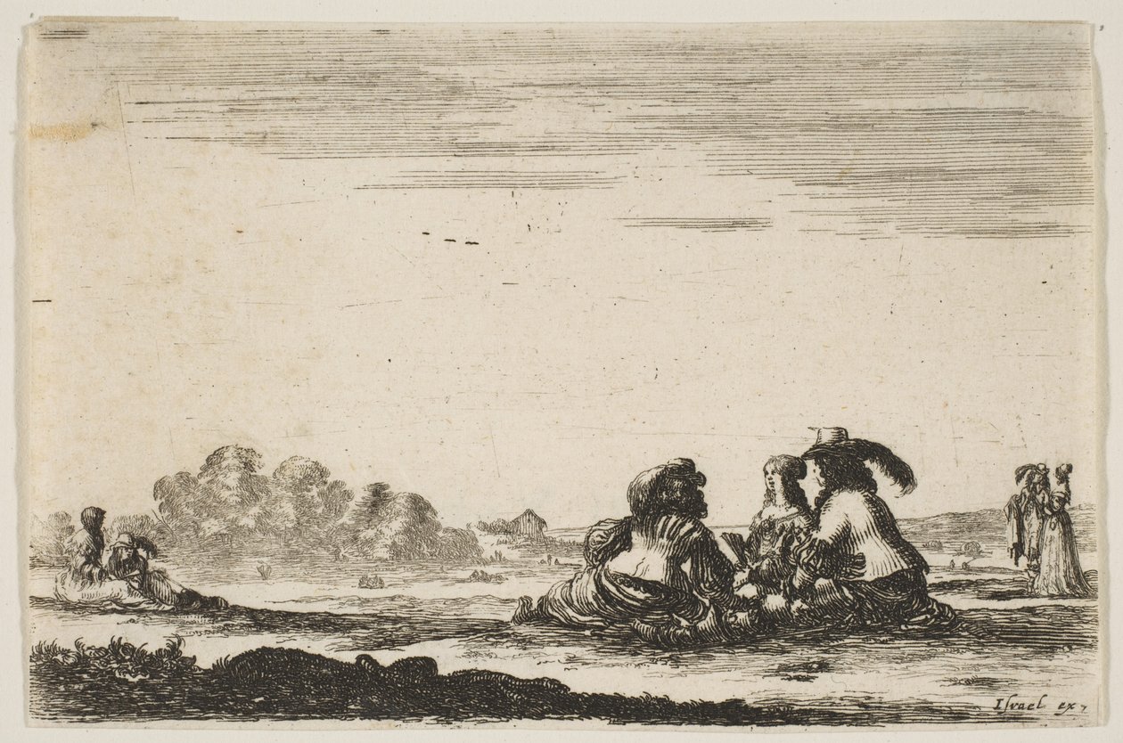 Two noblemen seated in center, seen from behind, conversing with a noblewoman by Stefano della Bella