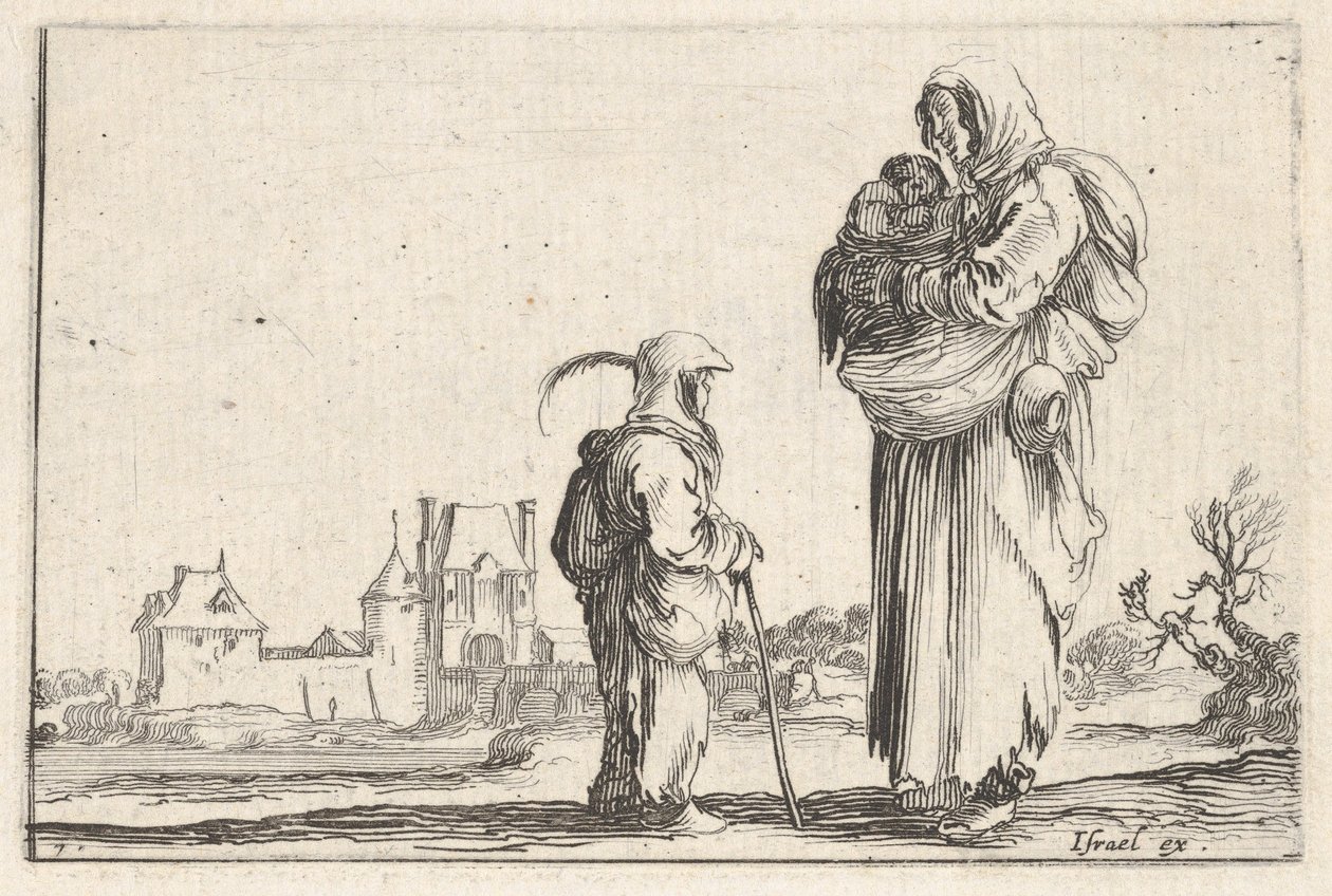 Plate 7: a peasant woman carrying a child to right, speaking to another child standing, ca. 1642 by Stefano della Bella
