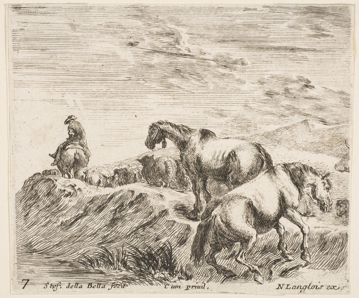 Two Horses Ascending the Bank of a River at Right, Following a Procession by Stefano della Bella