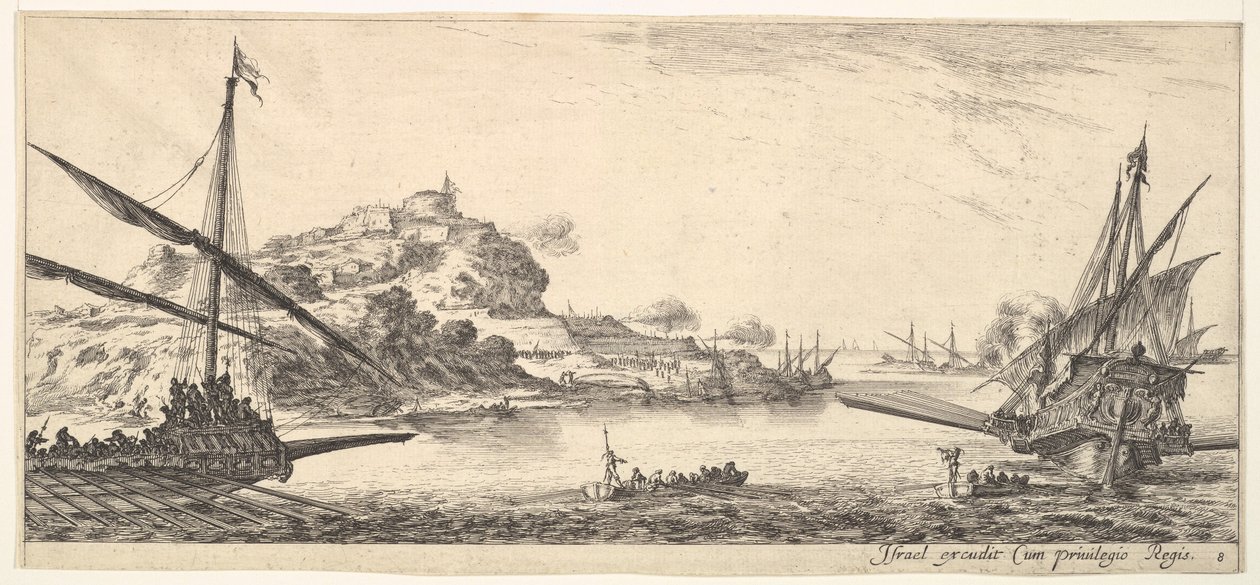 The bow of a galley at left and another galley at right, seen from behind by Stefano della Bella