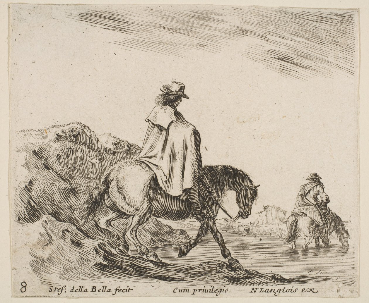 Plate 8: A Horseman Descends a Riverbank, Another Horseman in River to Right by Stefano della Bella