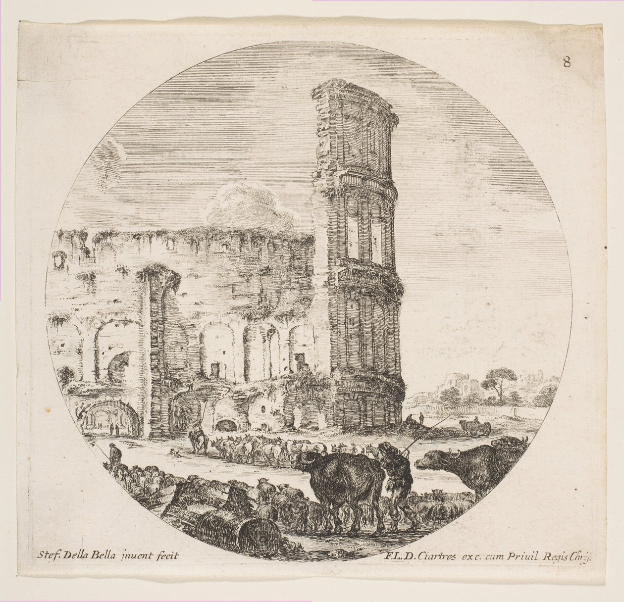 Plate 8: The Colosseum, Two Herds Being Directed Towards the Amphitheater by Stefano della Bella