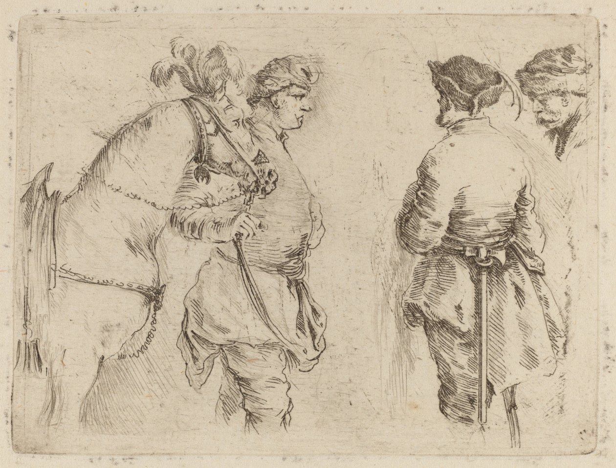 Pole Holding the Bridle of a Horse while Speaking with Two Other Men by Stefano della Bella