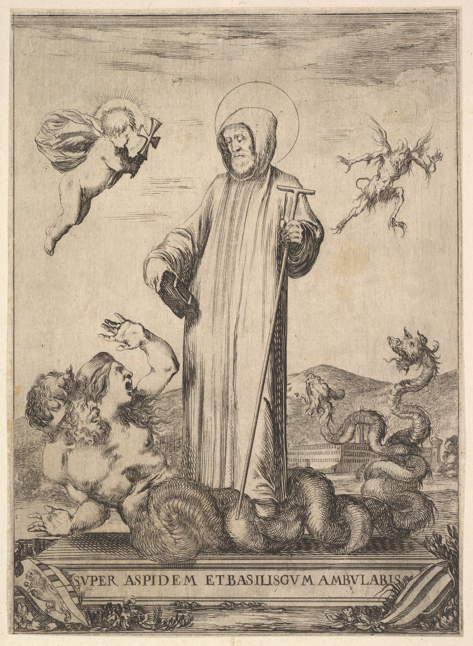 Saint Jean Gualbert Trampling a Monster with Two Human Heads and a Serpentine Body, a Flying Angel by Stefano della Bella
