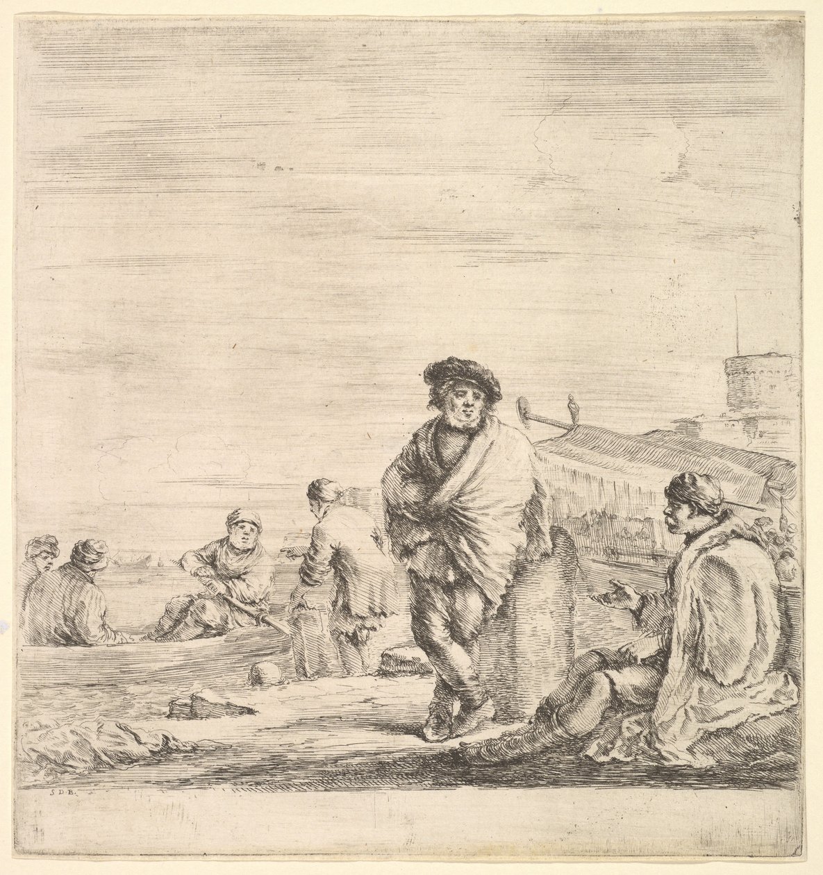 Standing sailor in center talking to a seated Levantine man to left, seen in profile by Stefano della Bella