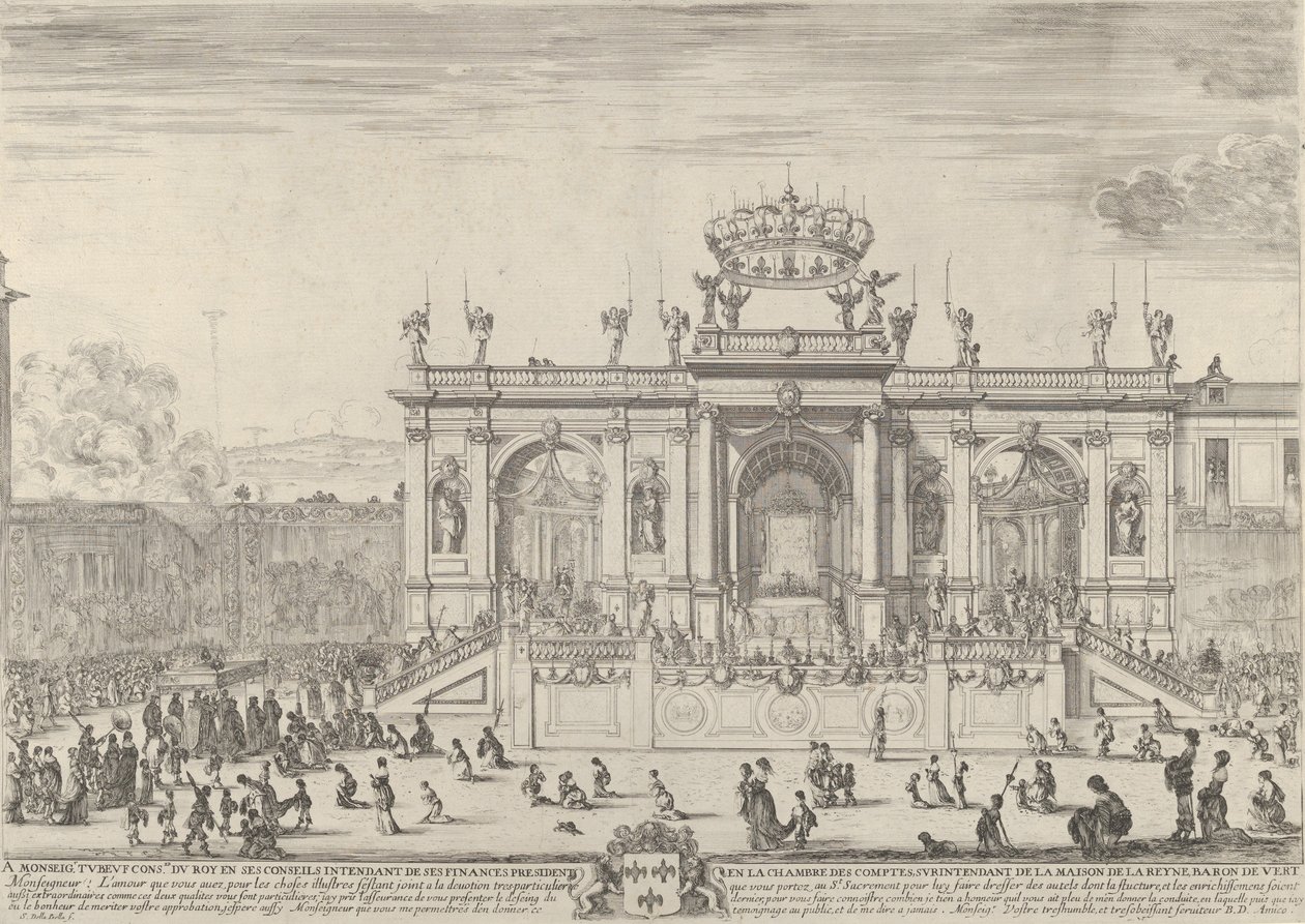 The altar of the holy sacrament, at left, the sacrament beneath a canopy, carried in procession by Stefano della Bella