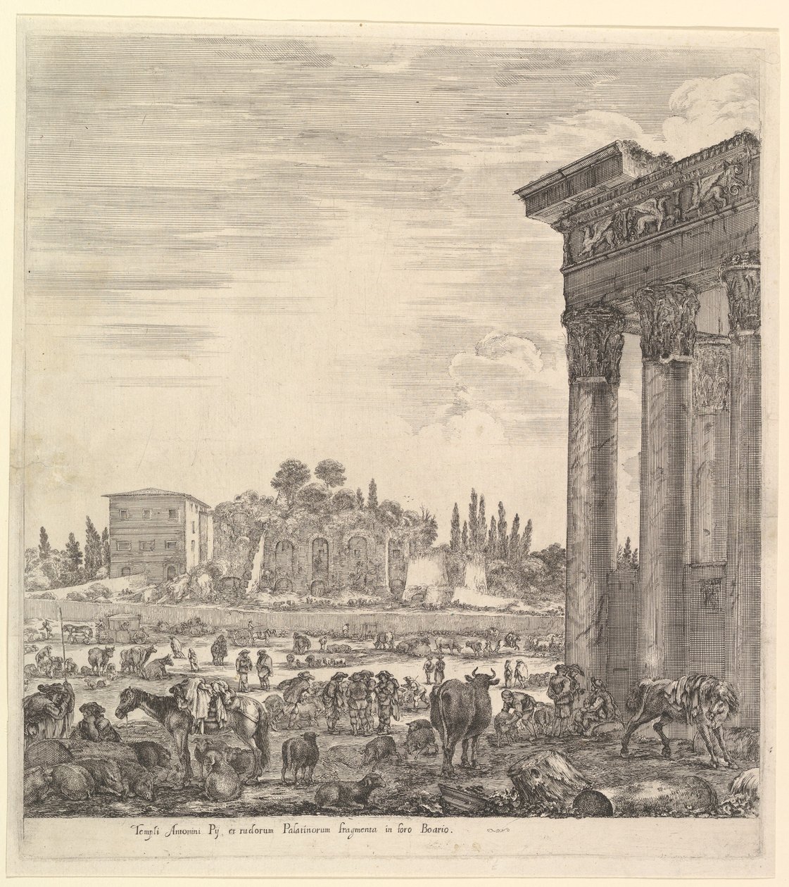 The columns of the Temple of Antoninus to right, a part of the Campo Vaccino in center by Stefano della Bella