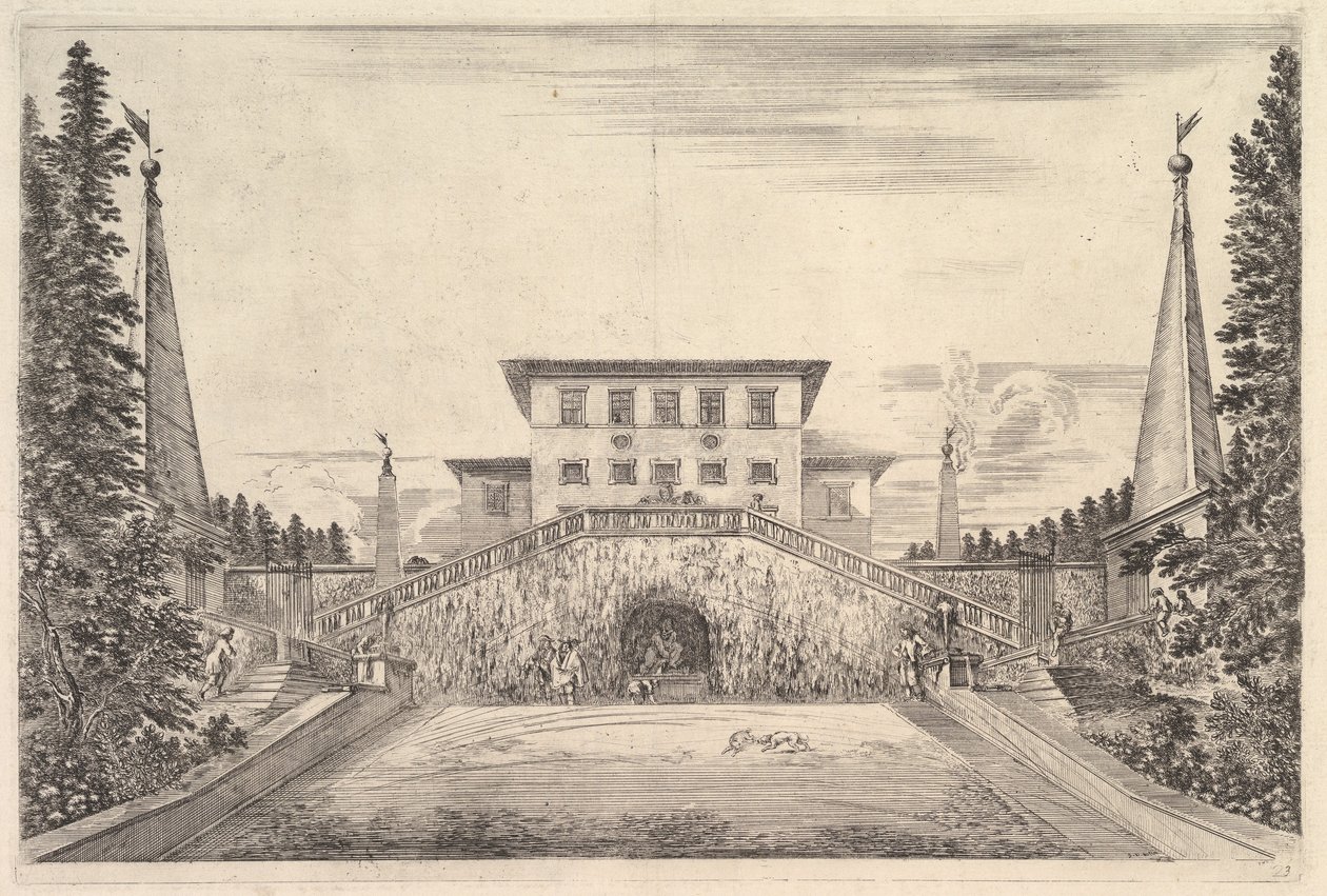 The Villa at Center Flanked by Four Obelisks, a Staircase to Either Side, a Statue, ca. 1653 by Stefano della Bella
