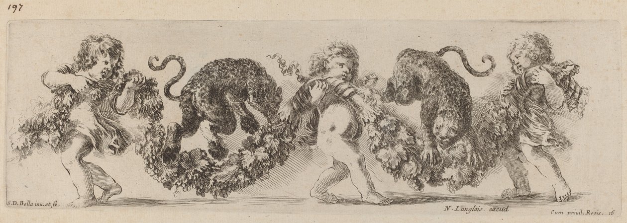 Two Leopards Jumping a Festoon Supported by Children by Stefano della Bella