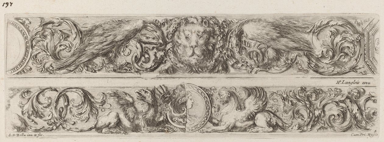 Two Ornamental Bands with Head of a Lion and Woman by Stefano della Bella