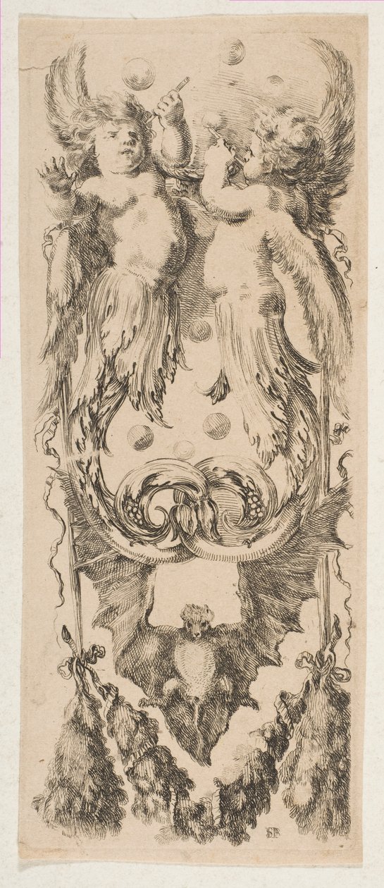 Two Winged Children with Bodies Turning into Ornament Blowing Bubbles by Stefano della Bella