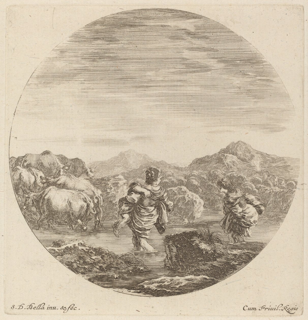 Two Women Fording a Creek with a Herd of Cows by Stefano della Bella
