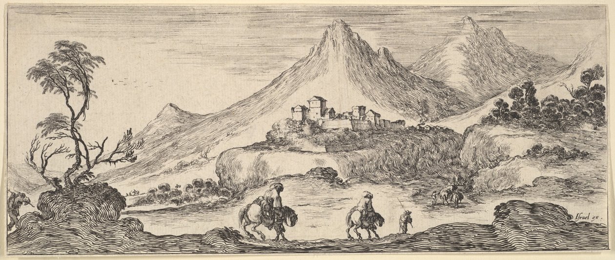 Two horsemen descend a hill in center, following another man on foot, a castle in the background by Stefano della Bella