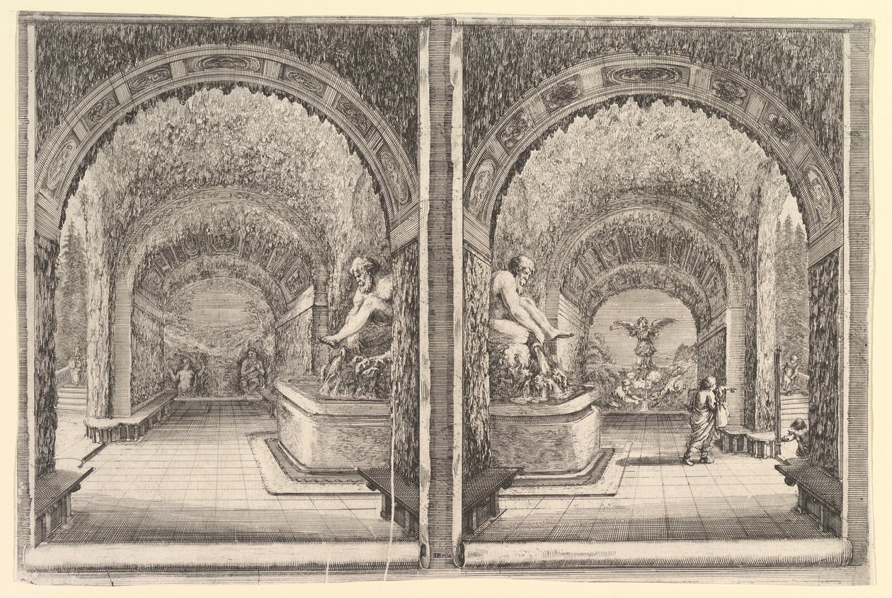 Two Views of a Grotto, Both Views with a Fountain with a Seated Statue by Stefano della Bella