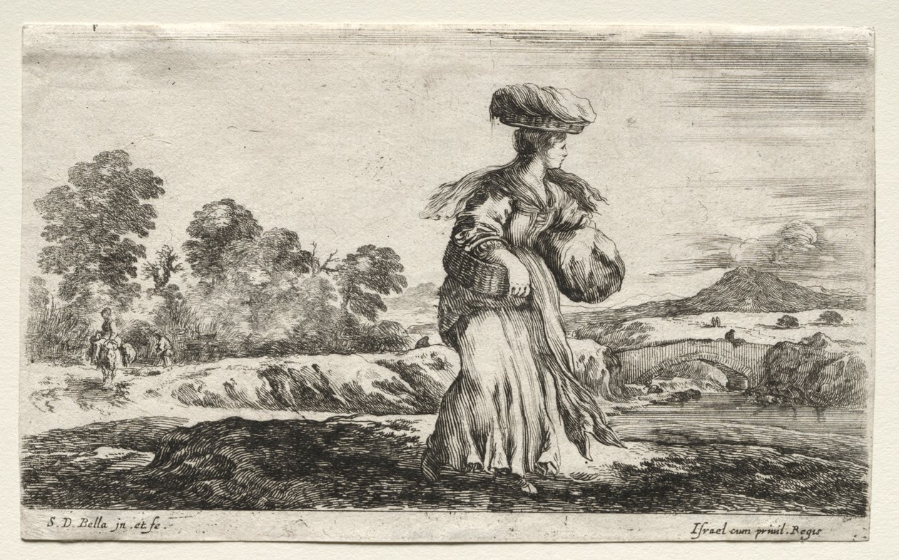Various Figures and Landscapes: Peasant Woman Carrying a Basket on her Head by Stefano della Bella